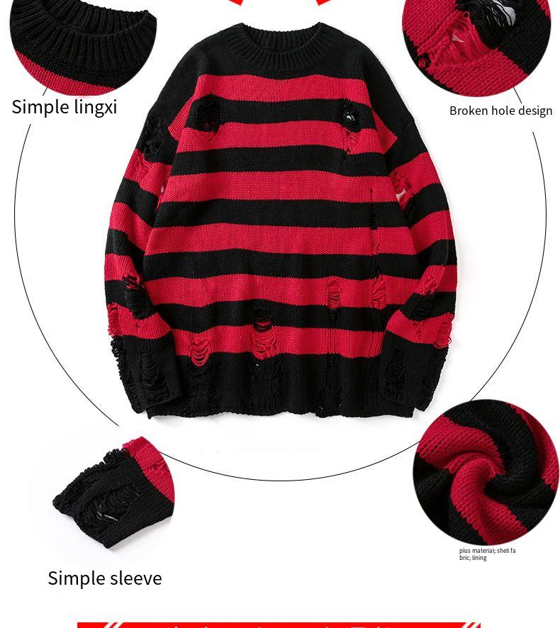 New Unisex Knitted Sweaters, Featuring Stylish Stripes, Ripped Details, A Loose And Casual Fit, A Round Neck, Long Sleeves, And A Pullover Style._voghion.com