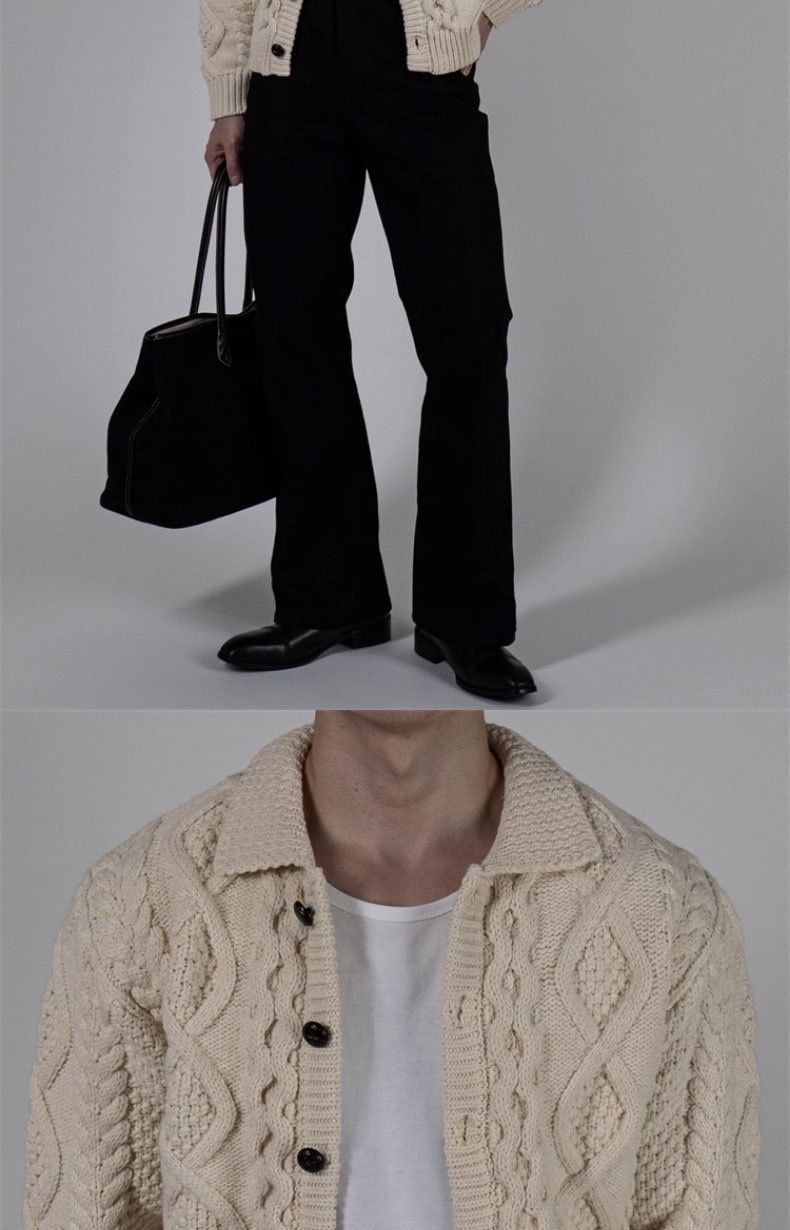 Gilet cardigan en maille torsadée à col rabattu pour homme, style décontracté et ample, motif losanges rétro, confection soignée._voghion.com