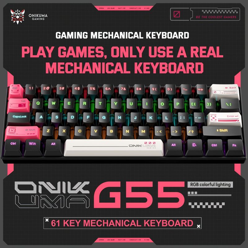 Tastiera da gioco meccanica ONIKUMA G55, 61 tasti, layout RGB, personalizzabile, cablata, colorata, retroilluminazione a LED, tastiera per_voghion.com