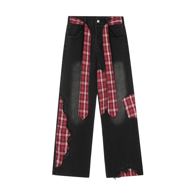 Irregular Patchwork Jeans For Men, Trendy Brand With Bow Belt Design, Niche Plaid Straight-Leg Pants_voghion.com