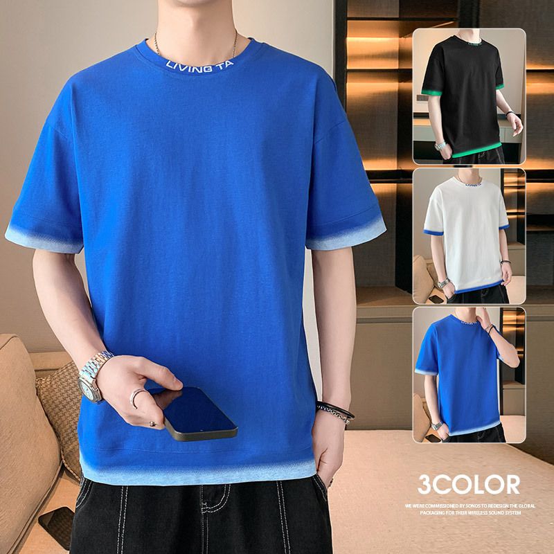 Maglietta estiva a maniche corte con scollo rotondo, abbinata ai colori, da uomo, casual, alla moda_voghion.com