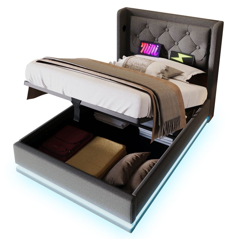Polsterbett Doppelbett 90*200 Cm,Grau Baumwolle-Material Hydraulisches Stauraumbett, Gepolstertes Kopfteil Mit USB Typ-C Ladefunktion, 3-seitige LED-Funktion(Mit Matratze)_voghion.com