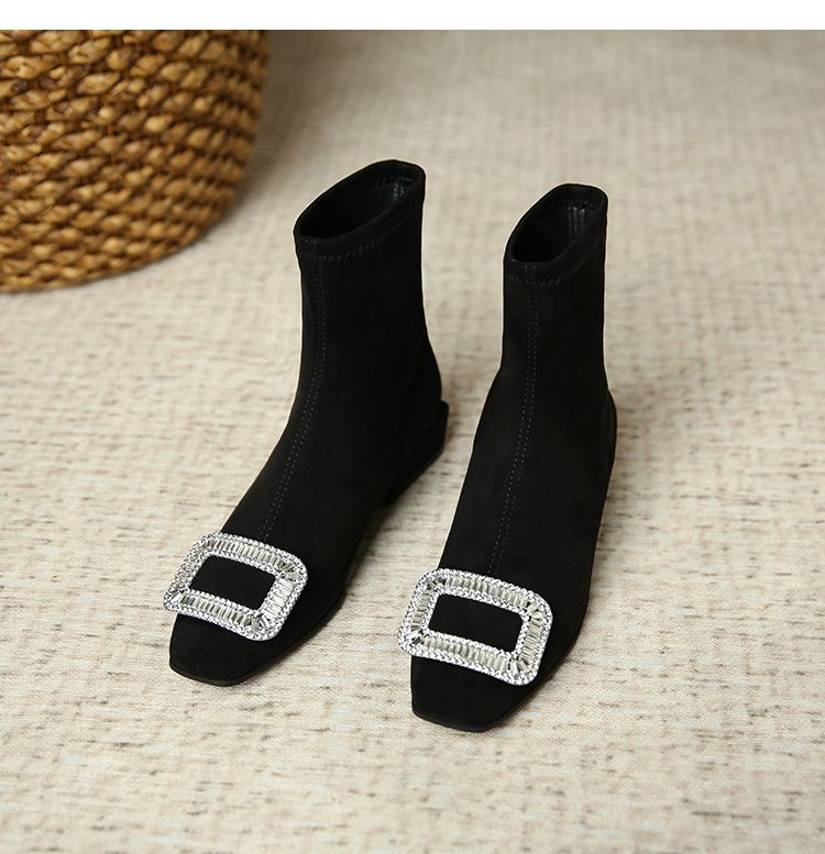 9333 2 Stivali Martin in pelle scamosciata britannica con punta quadrata per donna Stivali corti con fibbia quadrata in cristallo europei e americani Stivali corti elastici slip-on per donna_voghion.com