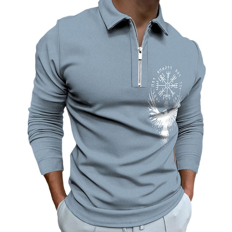 Langärmliges Poloshirt mit Adler-Print für Herren mit Reißverschluss für Herbst und Winter_voghion.com