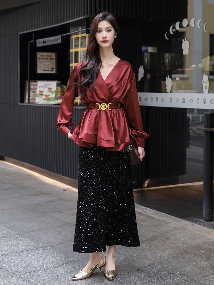 Elegant Pure Desire Ancora Red Satin Blouse With Belt Waist-Cinching French Light Lady Acetate Shirt_voghion.com