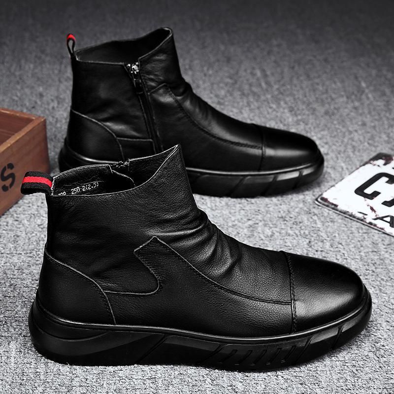 European Warm Series Waist Martin Boots Men Soft Zipper Casual Outdoor Work Trendy Korean Style British High Top Leather Shoes Black_voghion.com