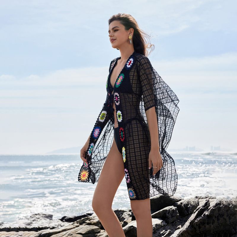 Women's Hand-Crochet Beach Cover-Up Set - Grid Bikini & Skirt With UPF Protection, Bohemian Style_voghion.com