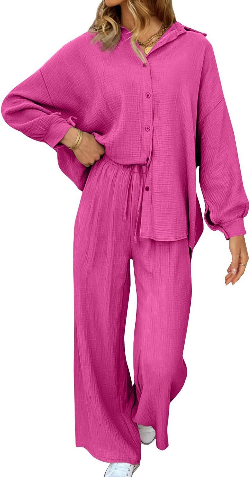 Women's Clothing Fashion Suits Loose Casual Tops Wide Leg Pants Cotton And Linen Two Piece Suits For Women_voghion.com