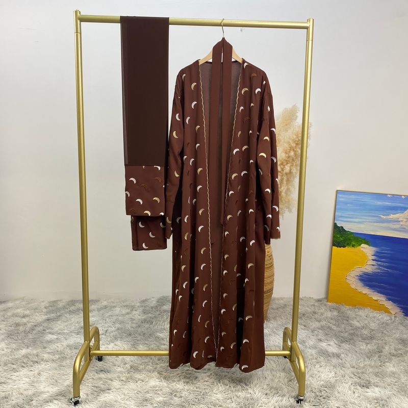 Yeni Müslüman Elbiseler İslami Giyim Ay Nakışlı Bornoz ve Şifon Eşarp Ramazan Dubai Lüks Abaya Kadınlar İçin Fas Kaftanlar_voghion.com