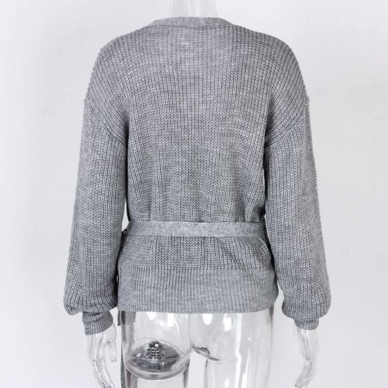 Maglione lavorato a maglia con nodo e scollo a V casual autunno inverno Abbigliamento da donna_voghion.com
