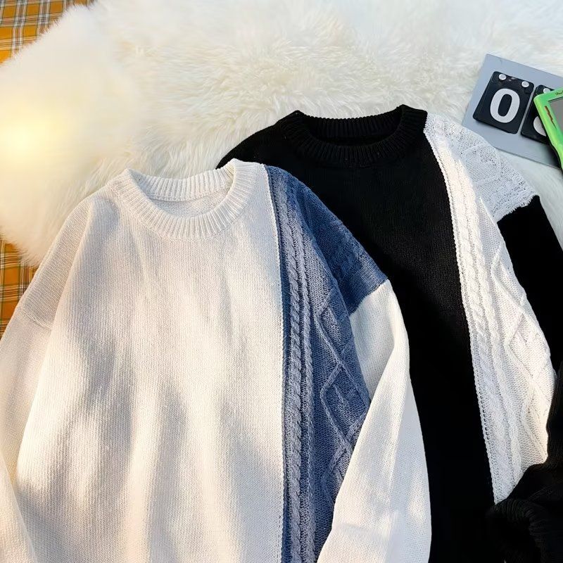 Stylischer Rundhalspullover für Herren – Trendiger Zopfmusterpullover mit Farbblockdesign für die Freizeit_voghion.com