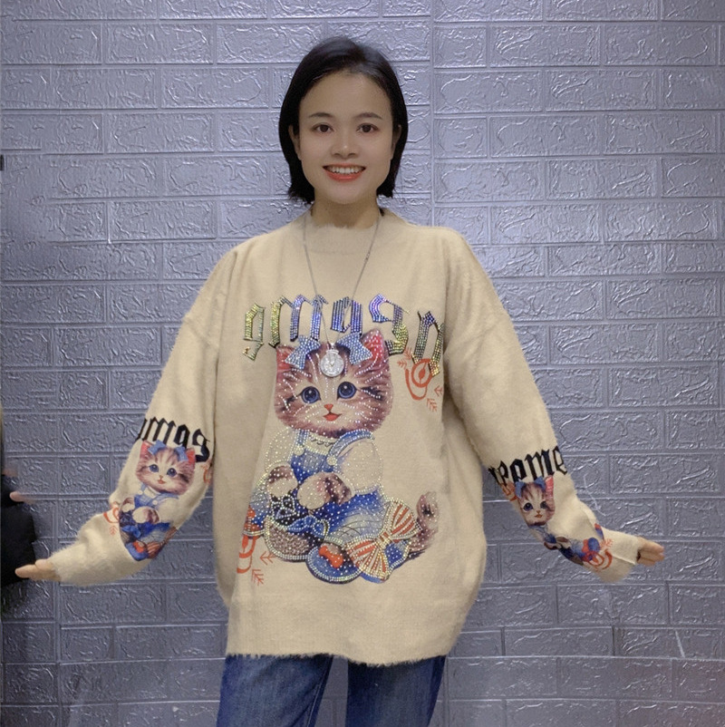 Pull tricoté à manches longues pour femmes, haut imprimé de dessin animé, décontracté, chat occidental, industrie lourde_voghion.com