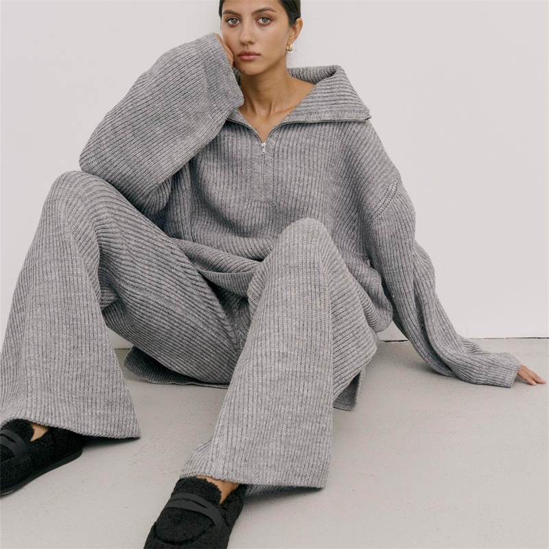 Dameskleding Eenvoudig High End Effen Kleur Pak Herfst En Winter Half Zip Trui Gebreide Rechte Broek Tweedelige Set_voghion.com