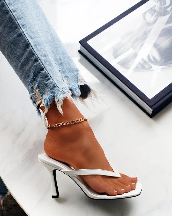 2024 New Women's Shoes High Heel Pinch Toe Square Head Sandals Herringbone Slippers Large_voghion.com