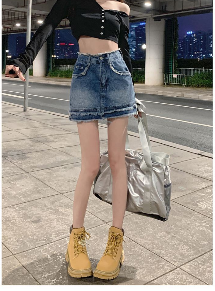 Kot etek yarım boy etek A kesim kısa etek kadın yaz 2023 yeni yüksek bel kalça etek A kesim etek pantolon etek etek ilkbahar ve sonbahar_voghion.com