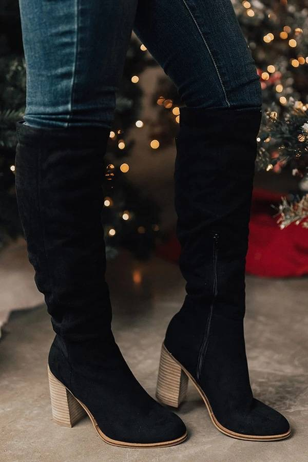 Stivali alla moda da donna in pelle scamosciata con tacco spesso, taglie forti, con cerniera laterale e punta, colore unito, 2024_voghion.com
