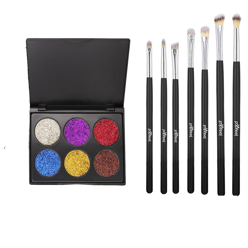 Make-up-Sets POPFEEL 6 Farbe Lidschatten + 7 Make-up-Pinsel Glitter Lidschatten Make-up Kombination Set Schönheit_voghion.com