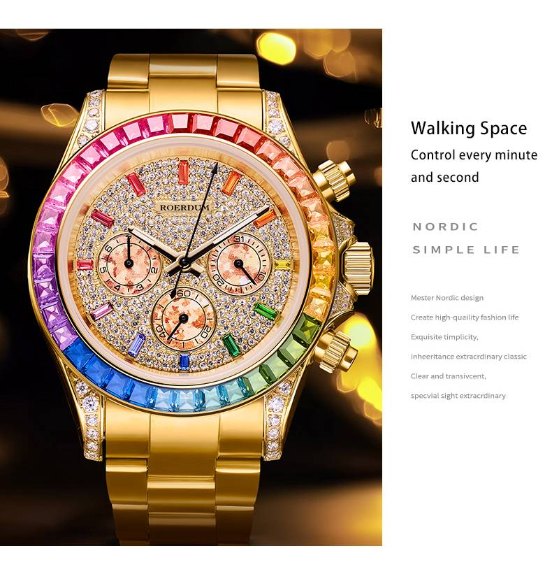 ROERDUM Daytona Rainbow Collection – Goldfarbenes Armband, mehrfarbiges Zifferblatt mit Farbverlauf, hochwertige automatische mechanische Herrenuhr_voghion.com