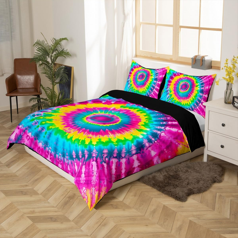 Copripiumino a spirale geometrica, copripiumino tie-dye neon per lettino, set da letto con motivo astratto, set da letto esotico bohémien con 2 federe, arredamento per la camera da letto_voghion.com