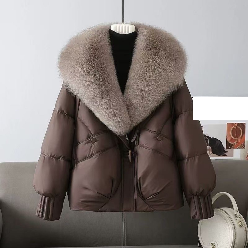 Women's Clothing Short Puffer Jacket With Fox Fur Collar - Cozy Winter Coat, Thicken Warm Fleece Lining, Loose Fit, Zipper Closure, Multiple Colors_voghion.com