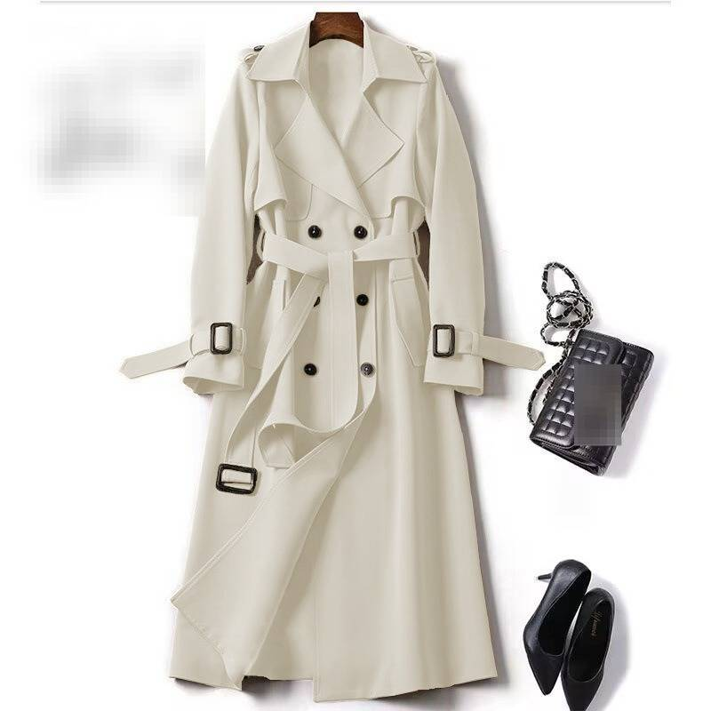 Klassieke trenchcoat voor dames, middellange, dubbelrijs, slim fit, knielange jas met geruite voering voor de lente en herfst_voghion.com