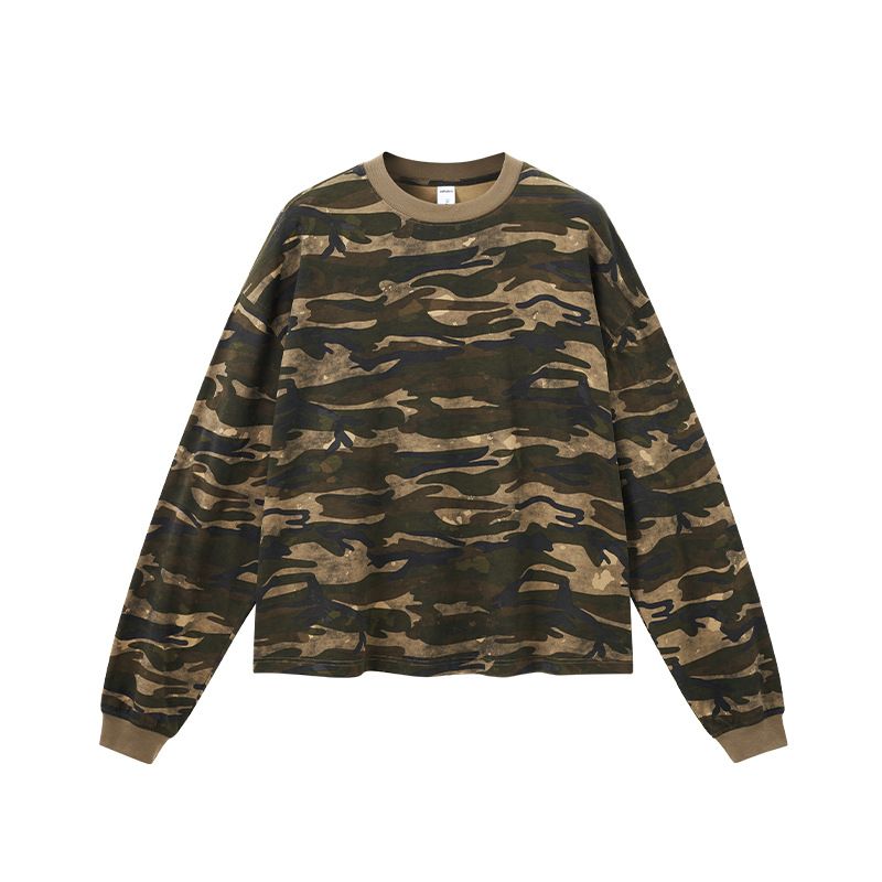 Streetwear Camo Box Fit Long Sleeve T-Shirt For Men – Oversized Relaxed Crew Neck Tee (Dark Grey Camo, Khaki Camo)_voghion.com