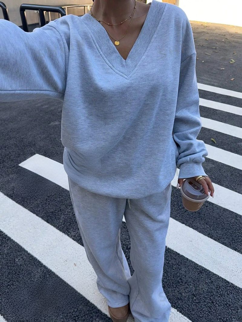Women's Clothing Women's V-Neck Casual Sweatshirt & Straight-Leg Pants Set - Soft Knit Lounge Wear, Streetwear Two-Piece Outfit (Grey) – S/M/L/XL_voghion.com
