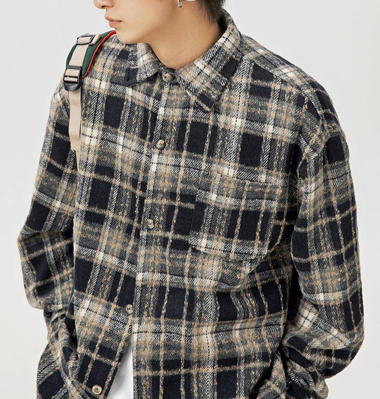 Men's Clothing American Retro Plaid Long Sleeved Shirt Men's Spring New Lapel Pocket Shirt Textured Loose Couple Jacket Women_voghion.com