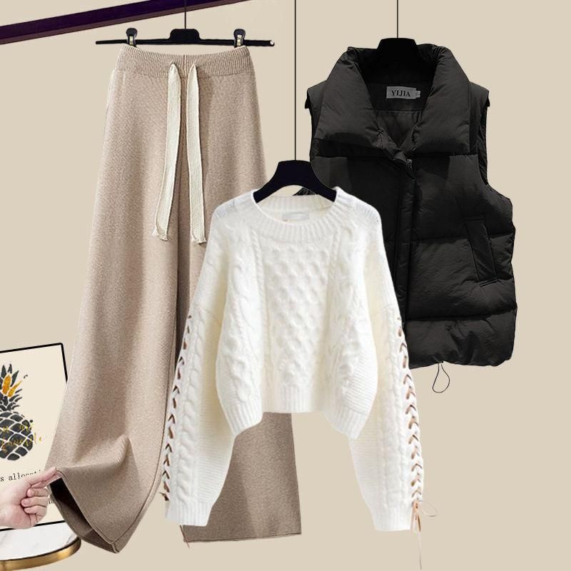Women's Clothing Plus Size Women's Knit Sweater Vest & Pants Set - Trendy 3-Piece Outfit For Fall & Winter (Black Vest + Khaki Sweater + Khaki Pants)_voghion.com