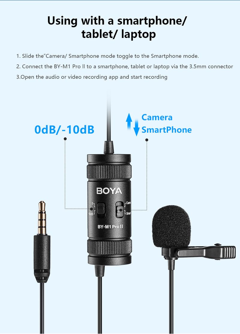 BOYA BY-M1 PRO II 3,5 mm-es csíptetős hajtókás mikrofon mobiltelefonhoz, PC-hez, laptophoz, kamerához, vezetékes mikrofon beszédhangosításhoz_voghion.com