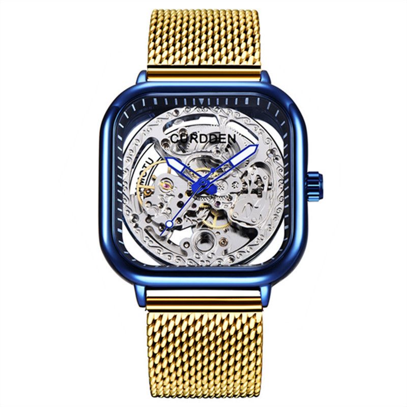 Men's Stainless Steel Automatic Mechanical Watch With Square Dial And Skeleton Design, Business Style, Water Resistant_voghion.com
