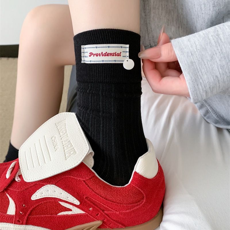 Korean Version Of Gray Cloth Label Shell Socks Women's Mid Tube Socks Spring And Autumn Pure Cotton Summer Boneless Pile Socks With Birkenstocks_voghion.com