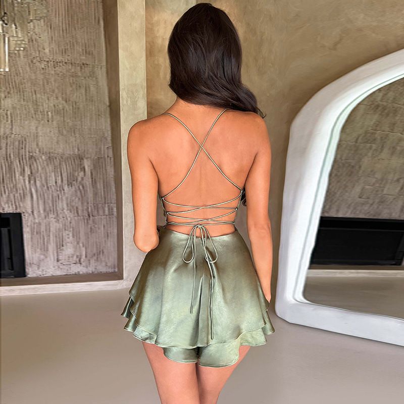 Damenbekleidung sexy Taschenkragen rückenfreies Trägerkleid Temperament heißes Mädchenkleid kurzer Rock_voghion.com