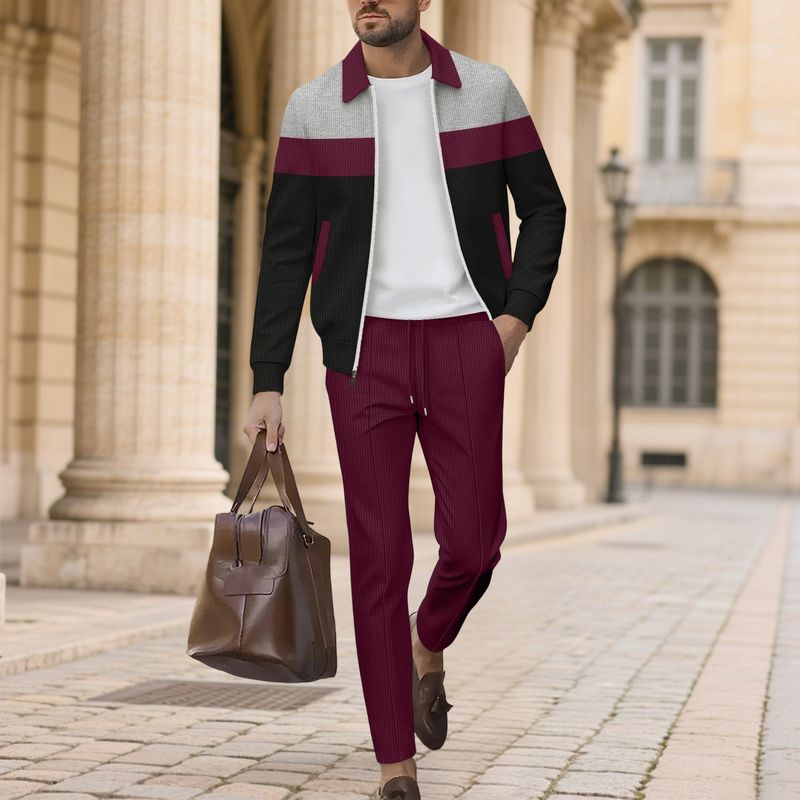 Herren-Set aus Jacke und Hose mit Reißverschluss im Waffelstrick-Farbblockdesign – Stilvolles Herbst-Outfit für Freizeit- und Sportbekleidung_voghion.com