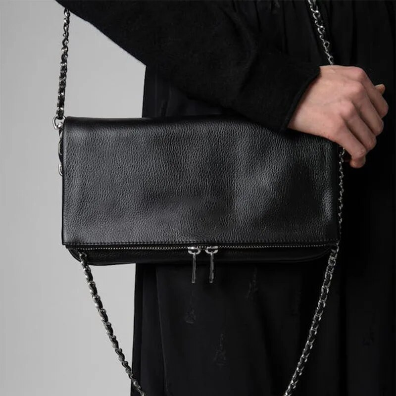 Tracolla in pelle di design per donna Borsa a tracolla con ala Decorazione Due catene Cinghie Borse con patta Cerniera_voghion.com