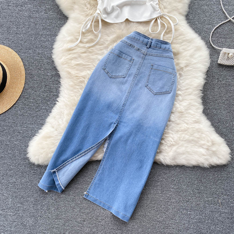Women's Drawstring Lace-up Slouchy Vest Irregular Raw Edge Split Denim Half-body Skirt Two Piece Set_voghion.com
