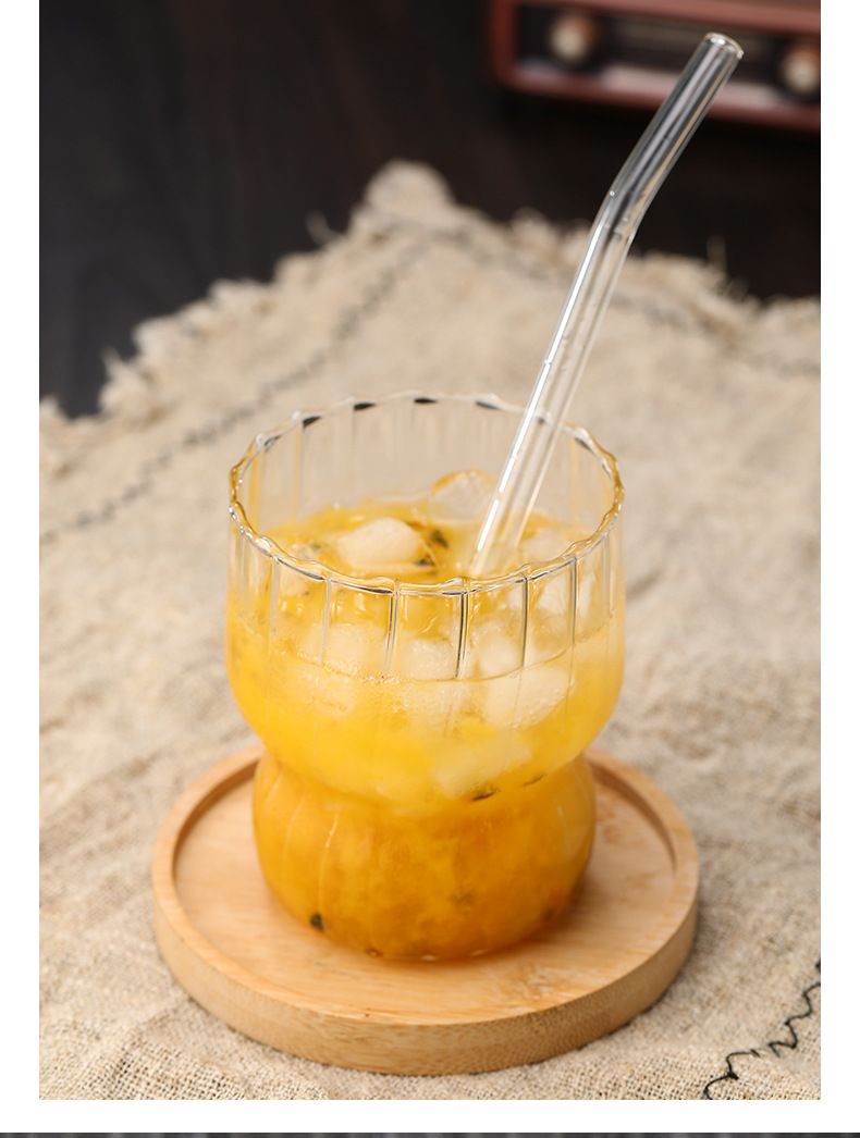 Chubby Striped Borosilicate Glass Tumbler - 400ml Thick-Walled Mug For Coffee, Milk, Oatmeal & Yogurt_voghion.com