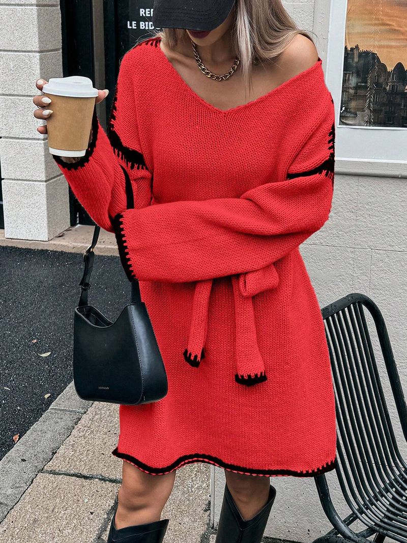 Robe en maille oversize à col en V et ceinture ajustable – Robe longue bohème à manches longues pour l'automne_voghion.com
