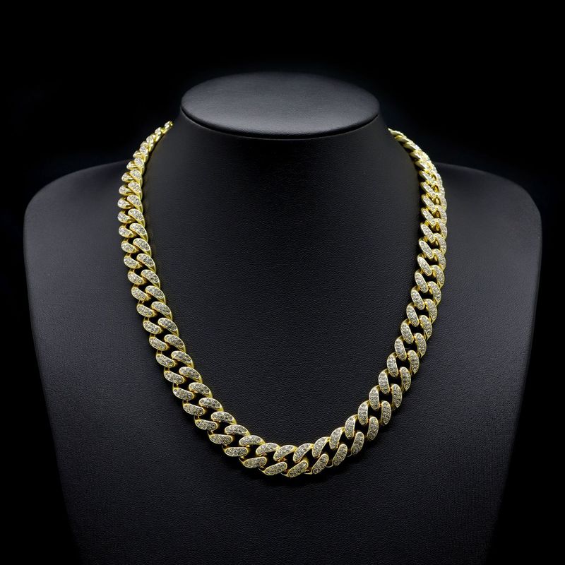 Alloy necklace 13mm oval ring chain full diamond Cuban link_voghion.com