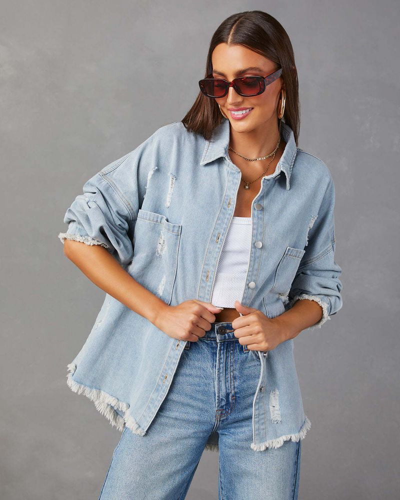 Giacca in denim vintage con frange e effetto consumato, da donna – Cappotto oversize in stile boho cowgirl con dettagli strappati (colori multipli)_voghion.com