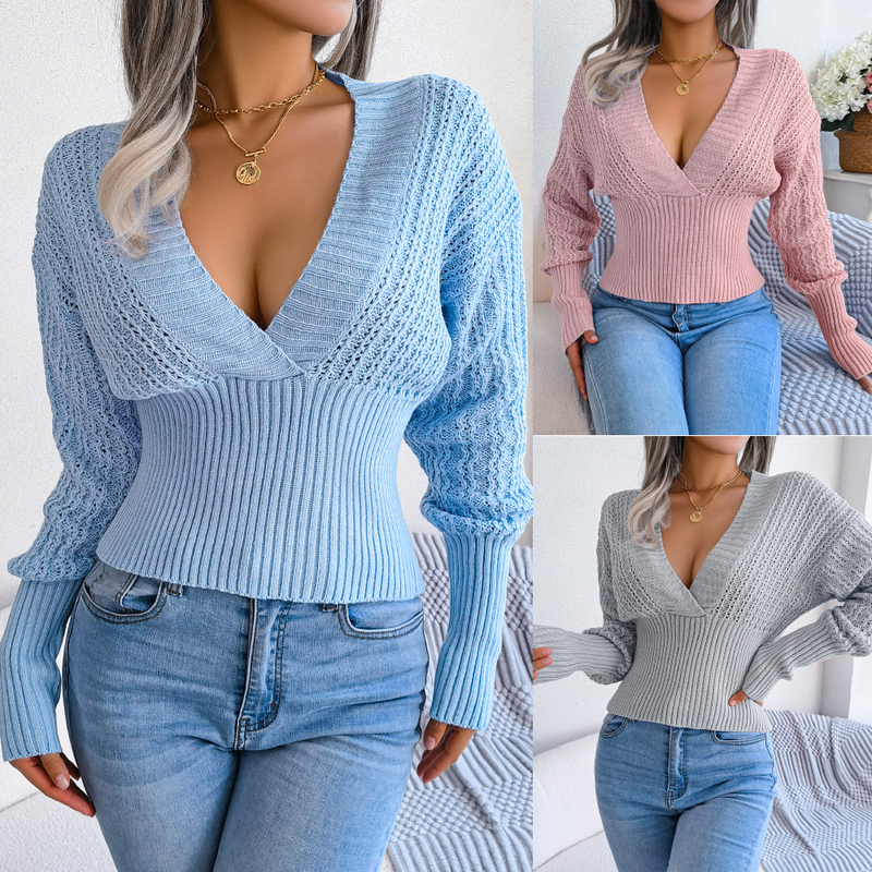 Abbigliamento donna Ins stile reale autunno e inverno maglione pullover con scollo a V e maniche a pipistrello in vita stazione indipendente abbigliamento donna_voghion.com