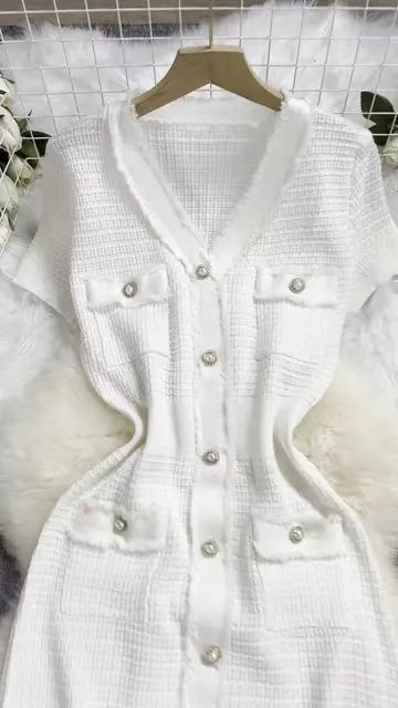 Abito in maglia a maniche corte con scollo a V da donna, temperamento in vita, abito lavorato a maglia_voghion.com