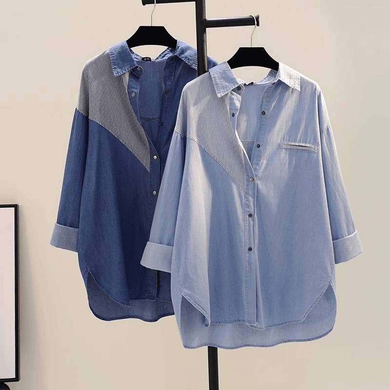 Maglietta casual da donna con design a patchwork in denim, per ragazze grasse, nuova, ampia e coprente._voghion.com