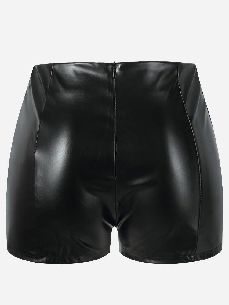 PU-nahkainen verryttelypuku Naisten 2-osainen setti kesän lyhythihainen nappi Crop Topit + Pyöräilyshortsit Streetwear Muotiasut_voghion.com