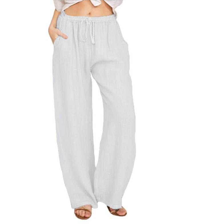 Women's Cotton Linen Pants Casual Loose Solid Elastic Waist Pocket Straight Trousers Ladies Oversize Wide Leg Pant Streetwear_voghion.com