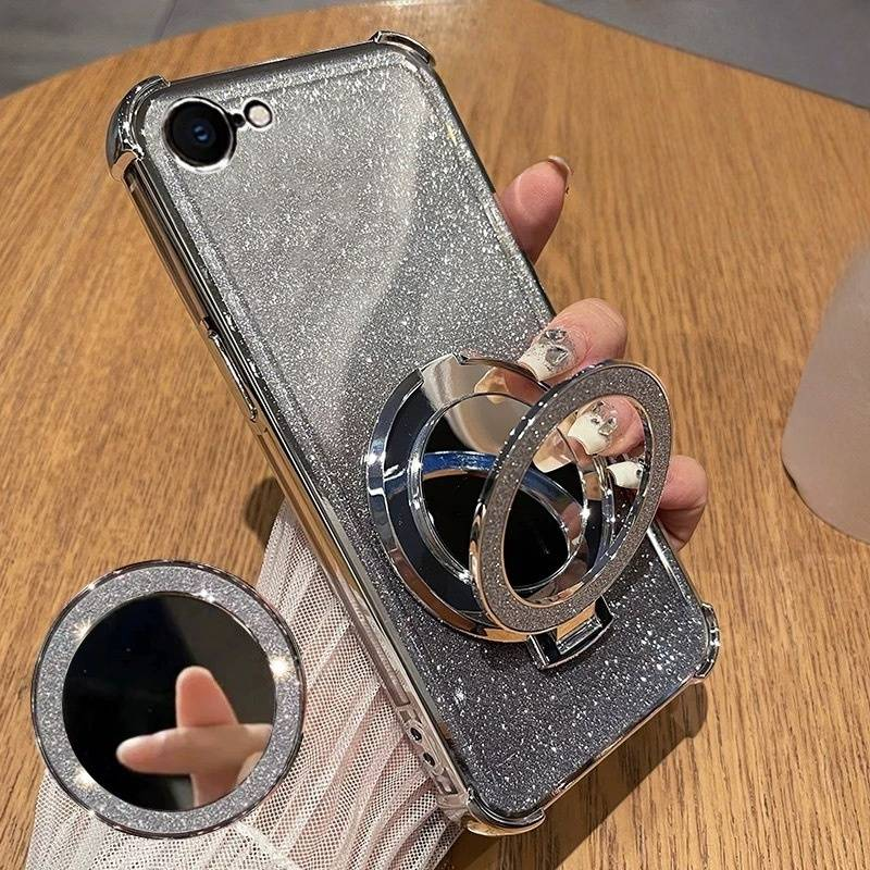 Mirror Stand Case For IPhone 16E/15 Pro - Electroplated Shockproof Corners With Built-in Vanity Mirror & Camera Lens Protector, Soft Silicone Cover_voghion.com