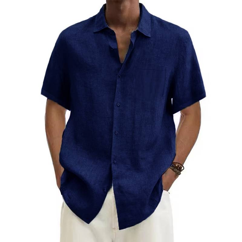 Roupas masculinas Nova camisa masculina de manga curta de algodão com lapela e bolsos Cor sólida Solta Versão Grande Camisa masculina_voghion.com