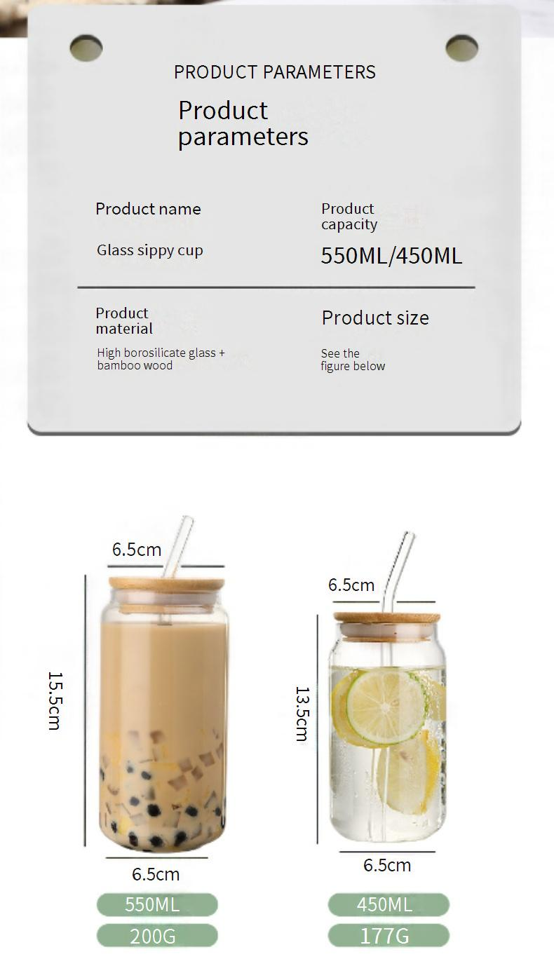 Bicchiere in vetro borosilicato di alta qualità con coperchio e cannuccia, resistente al calore (fino a 300°C) per caffè freddo, bubble tea e bevande fredde._voghion.com