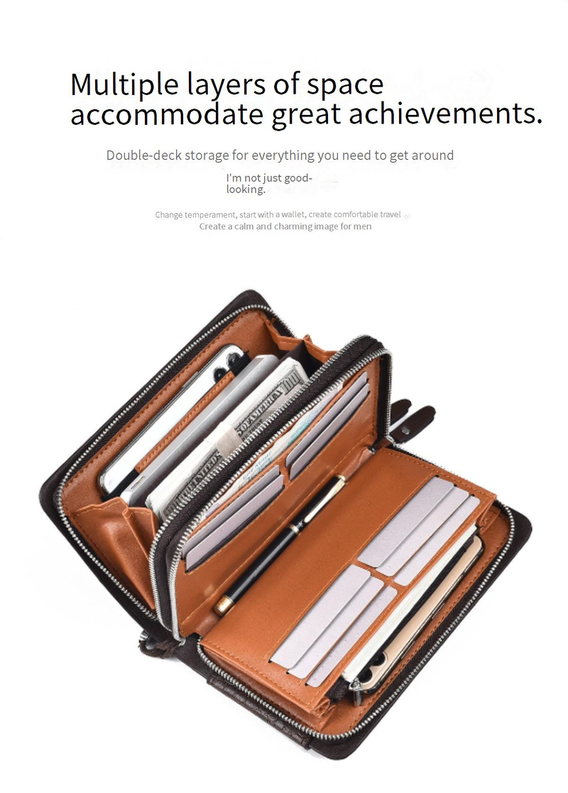 Men's Wallet Business Retro Men's Long Leather Clutch Bag Large Capacity Wear Resistant Multi Card Slot Zipper Men's High End Wallet_voghion.com