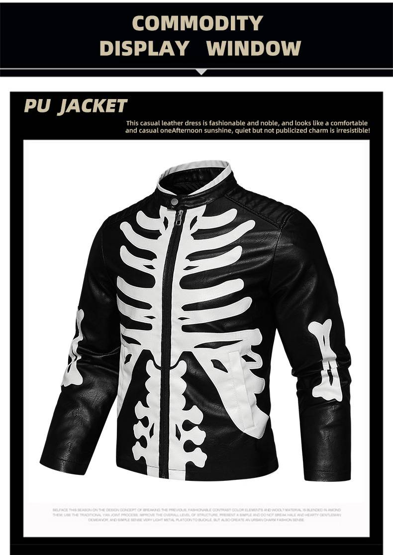 A Trendy Motorcycle Leather Jacket With A Skull Embroidery And Human Bones In Black And White Contrasting Colors Presents A Dress_voghion.com